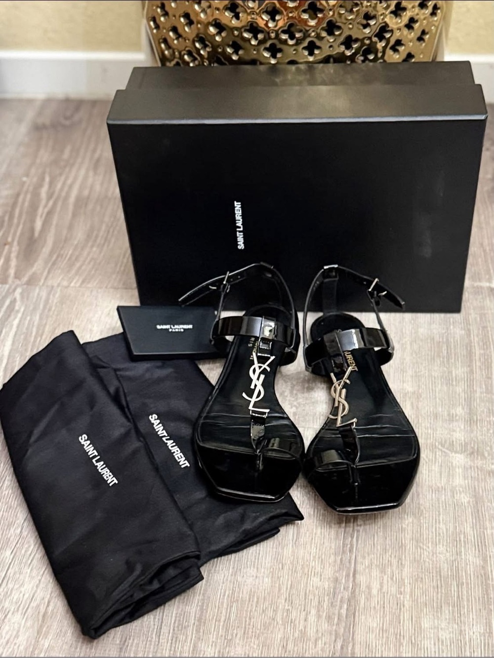 Saint Laurent Black Patent Leather Logo T-Strap Sandals